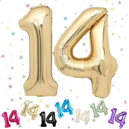 Ballon mit Zahl 14, Hellgold, 14 Zahlenballons, Helium-Folie, 101,6 cm, Luftballons Zahl 14, 14. Geburtstag, digitale Luftballons für 14. Geburtstag, Jahrestag, Party-Dekorationen von VUCDXOP