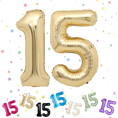 Ballon mit Zahl 15, Hellgold, 15 Zahlenballons, Helium-Folie, 101,6 cm, Luftballons Zahl 15, 15. Geburtstag, Geburtstag, Jahrestag, Party-Dekorationen von VUCDXOP