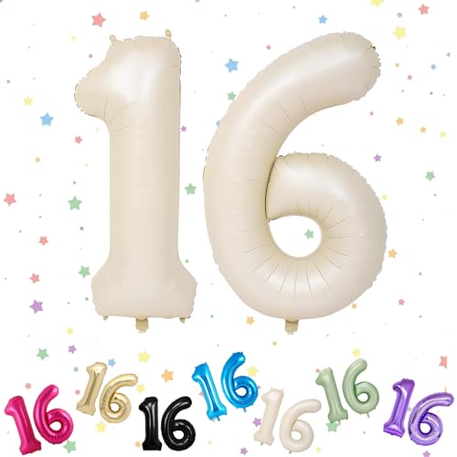 Ballon mit Zahl 16, cremefarben, 16 Zahlenballons, Helium-Folie, 101,6 cm, Luftballons Zahl 16, digitale Luftballons für 16. und 61. Geburtstag, Geburtstag, Jahrestag, Party-Dekorationen von VUCDXOP