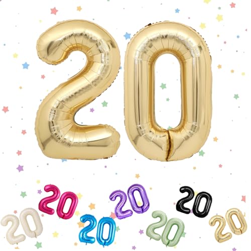 Ballon mit Zahl 20, Hellgold, 20 Zahlenballons, Helium-Folie, 101,6 cm, Luftballons Nummer 20, 20. Geburtstag, digitale Luftballons für 20. Geburtstag, Jahrestag, Party-Dekorationen von VUCDXOP