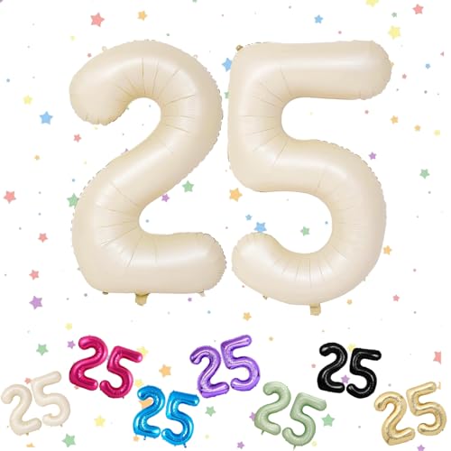 Ballon mit Zahl 25, cremefarben, 25 Zahlenballons, Helium-Folie, 101,6 cm, Luftballons Nummer 25, digitaler Ballon für 25. Geburtstag, Jahrestag, Party-Dekorationen von VUCDXOP