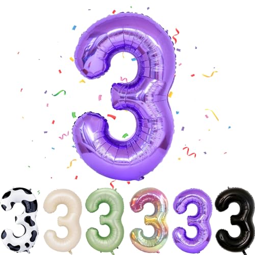 Ballon mit Zahl 3, lila 3 Zahlenballons, Helium-Folie, 101,6 cm, Ballon Nummer 3, digitale Luftballons für 3. Geburtstag, Jahrestag, Motto-Party-Dekorationen von VUCDXOP