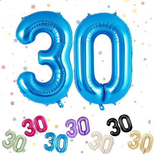 Ballon mit Zahl 30, Blau, 30 Zahlenballons, Helium-Folie, 101,6 cm, Luftballons Zahl 30, 30. Geburtstag, digitale Luftballons für 30. Geburtstag, Jahrestag, Party-Dekorationen von VUCDXOP
