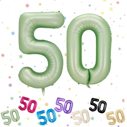 Ballon mit Zahl 50, Salbeigrün, 50 Zahlenballons, Helium-Folie, 101,6 cm, Luftballons Zahl 50, digitaler Ballon für 50. Geburtstag, Jahrestag, Party-Dekorationen von VUCDXOP