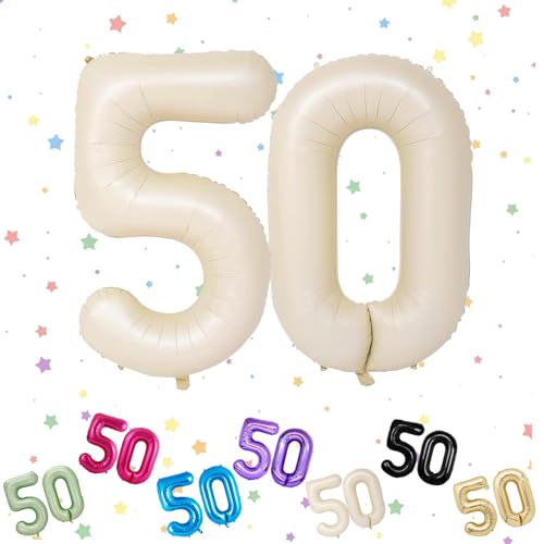 Ballon mit Zahl 50, cremefarben, 50 Zahlenballons, Helium-Folie, 101,6 cm, Luftballons Zahl 50, 50. Geburtstag, digitale Luftballons für 50. Geburtstag, Jahrestag, Party-Dekorationen von VUCDXOP