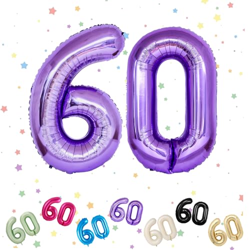 Ballon mit Zahl 60, violett, 60 Zahlenballons, Helium-Folie, 101,6 cm, Luftballons Nummer 60, 60. Geburtstag, digitale Luftballons für 60. Geburtstag, Jahrestag, Party-Dekorationen von VUCDXOP