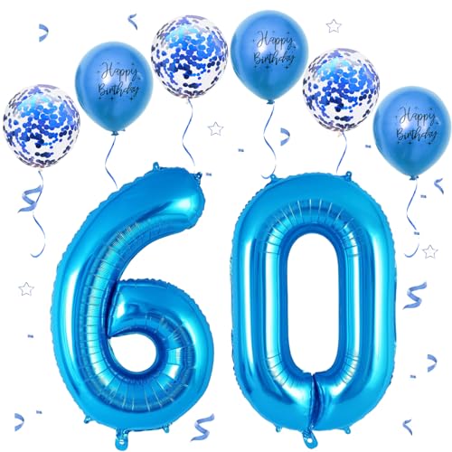 Blau Luftballon 60, XXL Riesige Geburtstag Ballon 60, 40" - 101cm Ballon Zahl Deko Folienballon Zahlen 0 & 6, Geburtstagsdeko Jubiläum Party Deko, Fliegt mit Helium (Nummer 60) von VUCDXOP