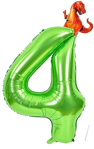 Geburtstag Folienballon Zahl 4 mit Dinosaurier, 101 cm Grün Luftballons Zahl 4, Helium Ballon Zahl 4, Mädchen Geburtstag Luftballon Deko Hochzeit Jubiläum Fest Party Dekoration, Fliegt mit Helium von VUCDXOP