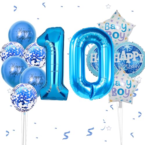 Geburtstagsdeko Jungen 10 Jahr, VUCDXOP 10 Jahr Blau Geburtstag Deko, Luftballon 10. Geburtstag, Geburtstag deko 10 jahre Jungen, Folienzahlen Ballons, Folienballon Zahl 10 für Geburtstag Party von VUCDXOP