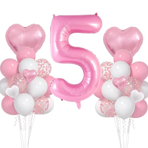 VUCDXOP Geburtstagsdeko Mädchen 5 Jahr, 5 Jahr Rosa Geburtstag Deko, Luftballon 5. Geburtstag, Geburtstag deko 5 Jahre mädchen, Folienzahlen Ballons, Riesen Folienballon Zahl 5 für Geburtstag Party von VUCDXOP