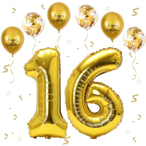 Gold Luftballon 16, XXL Riesige Geburtstag Ballon 16, 40" - 101cm Ballon Zahl Deko Folienballon Zahlen 1 & 6, Geburtstagsdeko Jubiläum Party Deko, Fliegt mit Helium (Nummer 16/61) von VUCDXOP