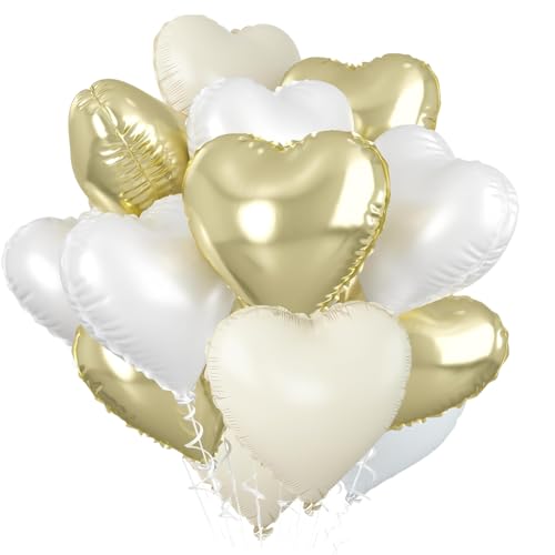 Herz Folienballon Beige Weiß Golden, 12 Stück Herz Helium Luftballons, Beige Herzluftballons, Hellgold Herzballons Hochzeit, Herzform Folienluftballon für Geburtstag Verlobung Muttertag Valentinstag von VUCDXOP