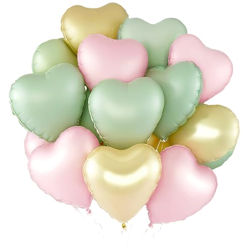 Herz Folienballon Rosa Grün Hellgold, 12 Stück Herz Helium Luftballons, Hellgold Herzluftballons, Grün Herzballons Hochzeit, Herzform Folienluftballon für Geburtstag Verlobung Muttertag Valentinstag von VUCDXOP