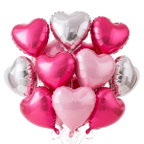 Herz Folienballon Rosenrot Silber Rosa, 12 Stück Herz Helium Luftballons, Silber Herzluftballons, Rosa Herzballons Hochzeit, Herzform Folienluftballon für Geburtstag Verlobung Muttertag Valentinstag von VUCDXOP