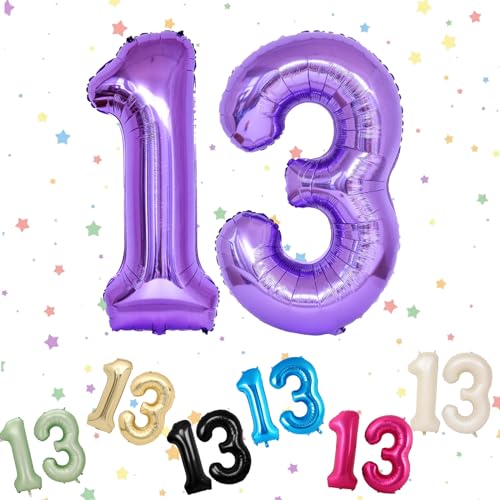 Luftballon mit Zahl 13, violett, 13 Zahlenballons, Helium-Folie, 101,6 cm, Luftballons Nummer 13, digitale Luftballons für 13. und 31. Geburtstag, Jahrestag, Party-Dekorationen von VUCDXOP