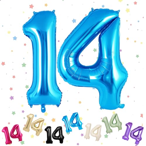 Luftballon mit Zahl 14, Blau, 14 Zahlenballons, Helium-Folie, 101,6 cm, Luftballons Nummer 14, 14. Geburtstag, 41. Geburtstag, Party, Dekoration von VUCDXOP