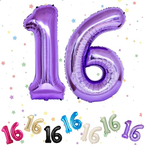 Luftballon mit Zahl 16, violett, 16 Zahlenballons, Helium-Folie, 101,6 cm, Luftballons Zahl 16, digitale Luftballons für 16. und 61. Geburtstag, Geburtstag, Jahrestag, Party-Dekorationen von VUCDXOP