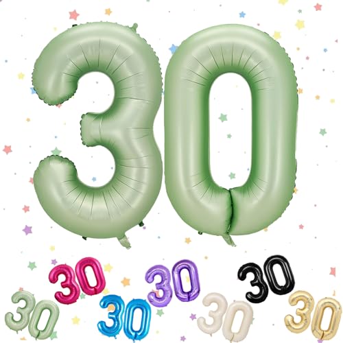 Luftballons mit Zahl 30, Helium-Folie, Zahl 30, 101,6 cm, Salbeigrün, Ballon Nummer 30, digitale Luftballons für 30. Geburtstag, Jahrestag, Party-Dekorationen von VUCDXOP