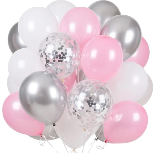 Rosa und silberfarbene Luftballons, 30,5 cm, Pastell-Rosa, Weiß, Konfetti-Ballon, metallisch-silber-weiß, Macaron-Ballon, Party-Ballons für Mädchen, Geburtstag, Babyparty, Braut, Hochzeit von VUCDXOP