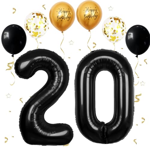 Schwarz Luftballon 20, XXL Riesige Geburtstag Ballon 20, 40" - 101cm Ballon Zahl Deko Folienballon Zahlen 0 & 2, Geburtstagsdeko Jubiläum Party Deko, Fliegt mit Helium (Nummer 20) von VUCDXOP