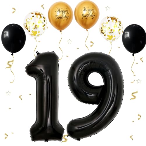 Schwarzer Luftballon mit Zahl 19, Ballon zum 19. Geburtstag, 101,6 cm, Folienballon Zahl 19, mit schwarz-goldenen Latex-Konfetti-Ballons für 19. Geburtstag von VUCDXOP