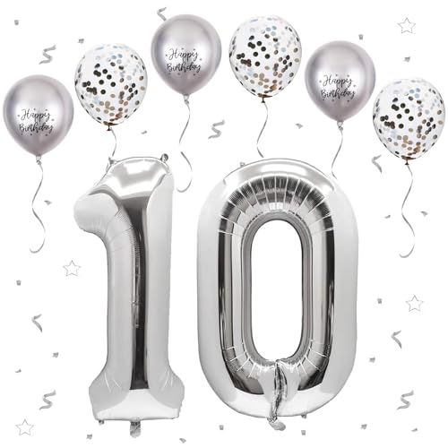 Silber Luftballon 10, XXL Riesige Geburtstag Ballon 10, 40" - 101cm Ballon Zahl Deko Folienballon Zahlen 1 & 0, Geburtstagsdeko Jubiläum Party Deko, Fliegt mit Helium (Nummer 10) von VUCDXOP