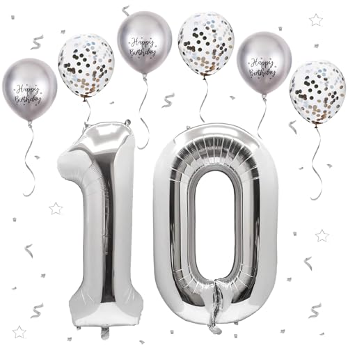 VUCDXOP Silber Luftballon 10, XXL Riesige Geburtstag Ballon 10, 40" - 101cm Ballon Zahl Deko Folienballon Zahlen 1 & 0, Geburtstagsdeko Jubiläum Party Deko, Fliegt mit Helium (Nummer 10) von VUCDXOP