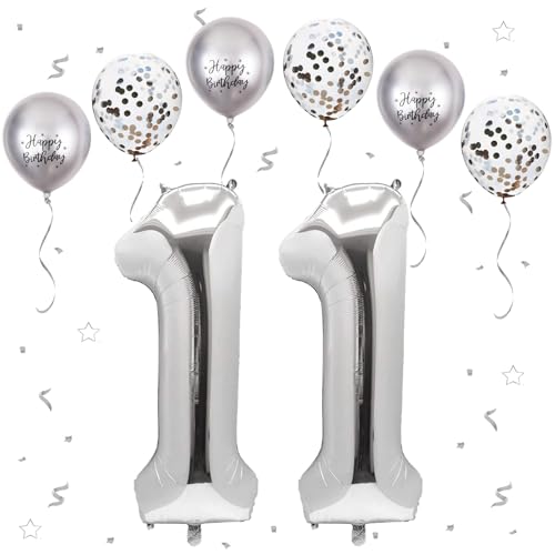VUCDXOP Silber Luftballon 11, XXL Riesige Geburtstag Ballon 11, 40" - 111cm Ballon Zahl Deko Folienballon Zahlen 1, Geburtstagsdeko Jubiläum Party Deko, Fliegt mit Helium (Nummer 11) von VUCDXOP