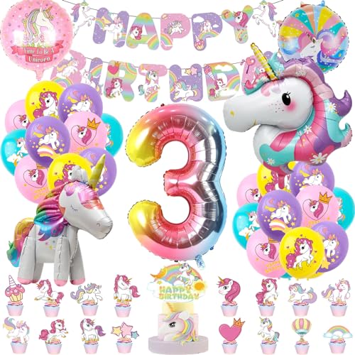 Einhorn Geburtstag Deko 3 Jahre, Einhorn Luftballons Geburtstagsdeko, 3 Jahr Geburtstag Luftballons mit 3D Einhorn Ballon, Einhorn Themen Kindergeburtstag Ballons für Mädchen Geburtstag Party von VUCDXOP