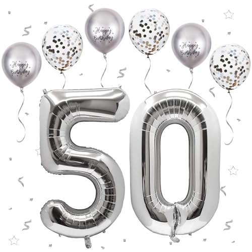 Silber Luftballon 50, XXL Riesige Geburtstag Ballon 50, 40" - 101cm Ballon Zahl Deko Folienballon Zahlen 0 & 5, Geburtstagsdeko Jubiläum Party Deko, Fliegt mit Helium (Nummer 50) von VUCDXOP