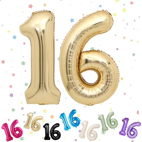 Zahlenballon 16, Hellgold, 16 Zahlenballons, Helium-Folie, 101,6 cm, Luftballons Zahl 16, 16. Geburtstag, digitale Luftballons für 16. Geburtstag, Jahrestag, Party-Dekorationen von VUCDXOP