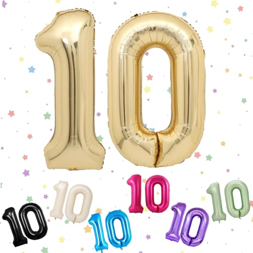 Zahlenballon mit Zahl 10, Hellgold, 10 Zahlenballons, Helium-Folie, 101,6 cm, Luftballons Zahl 10, 10. Geburtstag, Geburtstag, Jahrestag, Party-Dekorationen von VUCDXOP