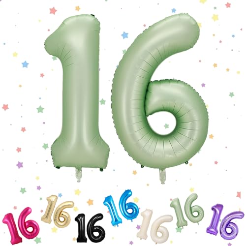 Zahlenballons in Salbeigrün mit 16 Zahlen, Zahl 16, Helium-Folienballon, 101,6 cm, Ballon Zahl 16, digitale Luftballons für 16. Geburtstag, Jahrestag, Party-Dekorationen von VUCDXOP