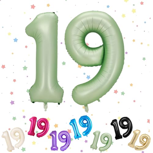 Zahlenballons in Salbeigrün mit 19 Zahlen, Zahl 19, Helium-Folie, 101,6 cm, Luftballons Zahl 19, digitale Luftballons für 19. Geburtstag, Jahrestag, Party-Dekorationen von VUCDXOP