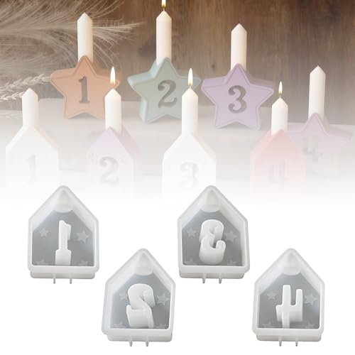 4 Stück Silikonformen GießFormen, Weihnachten Silikonform Herbst, Silikonform Haus Kerzenhalter Silikonformen Gießformen Häuser Sterne Zahlen 1-4 Gießform Gipsformen zum Gießen DIY (Häuser) von VUKHWX