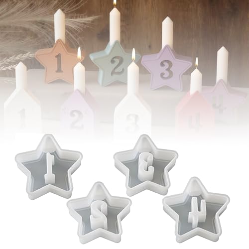 4 Stück Silikonformen GießFormen, Weihnachten Silikonform Herbst, Silikonform Haus Kerzenhalter Silikonformen Gießformen Häuser Sterne Zahlen 1-4 Gießform Gipsformen zum Gießen DIY (Sterne) von VUKHWX