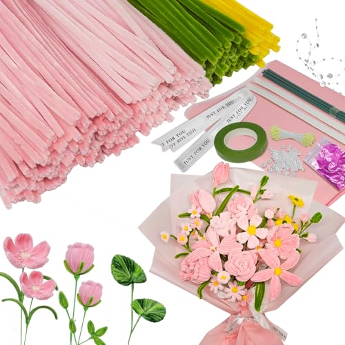 Pfeifenreiniger zum Basteln, 251 Stück Pfeifenreiniger Blumen Set Handmade DIY Pfeifenputzer Rosa zum Chenilledraht mit Blumendraht Geschenkband Staubgefäße Blumenstrauß Papier Kreppband (Rosa) von VUL