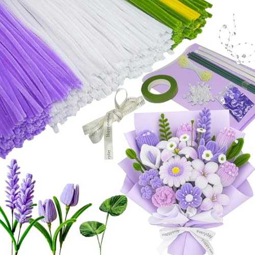 Pfeifenreiniger zum Basteln, 331 Stück Pfeifenreiniger Blumen Set Handmade DIY Pfeifenputzer Rosa zum Chenilledraht mit Blumendraht Geschenkband Staubgefäße Blumenstrauß Papier Kreppband (Lila) von VUL