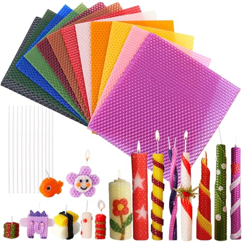 VUL Bienenwachsplatten für Kerzen, 12 Stück Farbenfrohe Wachsplatten für Kerzen, 20 x 20cm DIY Kerzen Machen Kit mit Baumwolldocht Bienenwachsblätter zur Kerzenherstellung von VUL