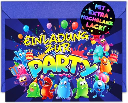 VULAVA 12x Monster EINLADUNGSKARTEN KINDERGEBURTSTAG Junge Mädchen + 12x Umschläge - die frech bunten MONSTER PARTY Karten sind die MONSTER EINLADUNG für Jungen Mädchen Kinder GEBURTSTAG KINDERPARTY von VULAVA