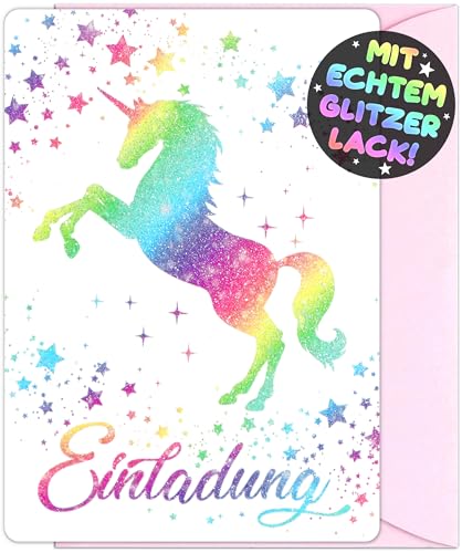 12x GLITZER Einhorn EINLADUNGSKARTEN KINDERGEBURTSTAG Mädchen Junge + 12x Umschläge - die Regenbogen PARTY Karten sind die Einhorn EINLADUNG für Mädchen Kinder GEBURTSTAG Einladung Pferde UNICORN von VULAVA