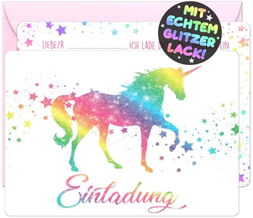 12x GLITZER Einhorn EINLADUNGSKARTEN KINDERGEBURTSTAG Mädchen Junge + 12x Umschläge - die Regenbogen PARTY Karten sind die Einhorn EINLADUNG für Mädchen Kinder GEBURTSTAG Einladung Pferde UNICORN von VULAVA