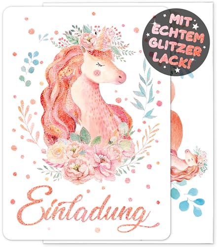 12x GLITZER Einhorn EINLADUNGSKARTEN KINDERGEBURTSTAG Mädchen Junge + 12x Umschläge - die Regenbogen PARTY Karten sind die Einhorn EINLADUNG für Mädchen Kinder GEBURTSTAG Einladung Pferde UNICORN von VULAVA