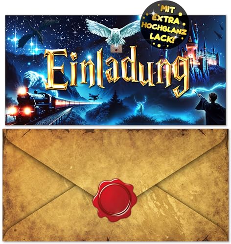12x Zauberer EINLADUNGSKARTEN KINDERGEBURTSTAG Junge Mädchen + 12x Umschläge + 12x Aufkleber - die Zauber PARTY Karten sind die Zauberschule EINLADUNG für Jungen Kinder Zauberschüler GEBURTSTAG von VULAVA