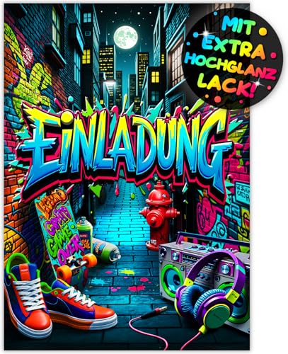 VULAVA 12x Graffiti EINLADUNGSKARTEN KINDERGEBURTSTAG Junge Mädchen - die frech bunten Street PARTY Karten sind die Graffiti EINLADUNG für Jungen Kinder GEBURTSTAG Neon KINDERPARTY Gaming Skateboard VULAVA 12x Graffiti EINLADUNGSKARTEN KINDERGEBURTSTAG Junge Mädchen - die frech bunten Street PARTY Karten sind die Graffiti EINLADUNG für Jungen Kinder GEBURTSTAG Neon KINDERPARTY Gaming Skateboard von VULAVA