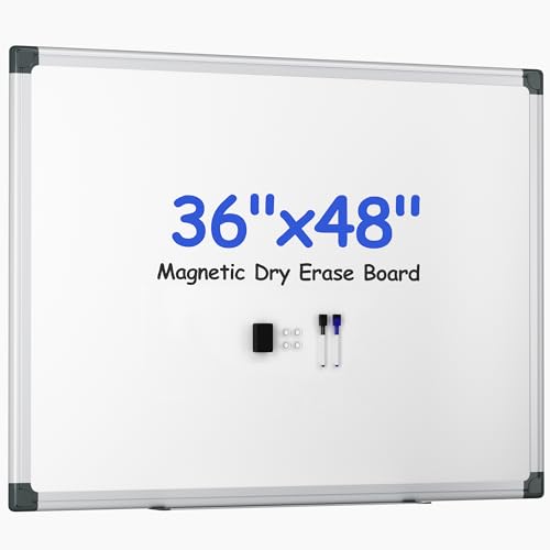 Magnetisches Whiteboard zum Aufhängen, 91,4 x 121,9 cm, für Büro, Klasse, Zuhause, silberfarbener Aluminiumrahmen, 1 trocken abwischbarer Radiergummi, 2 mehrfarbige Marker, 4 magnetische Stifte von VUSIGN
