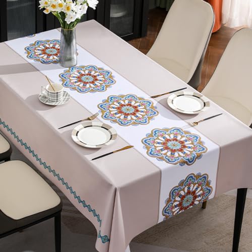 VUT Tischdecke, Rechteckig, Rustikal, Wasserdicht, Tischdecke Aus Baumwollleinen, Knitterfrei, Tischdecken Für Partys, Küche, Essen, Urlaub, Weihnachten, Kaffeelinien(Size:140X140CM,Color:B) von VUT