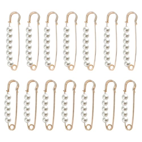12 Stück große goldene Sicherheitsnadeln mit Perle, Starke Perlenbroschennadeln für Damenkleider, Kleidungsdekorationen (12Pcs) von VVQWCY