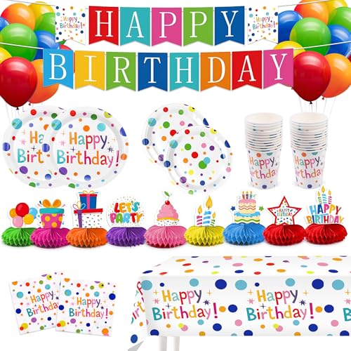 127 Stück Happy Birthday Dekorationen Punkte Design Geburtstag Party Einweggeschirr Set mit Teller, Servietten, Becher, Tischdecke, Banner, Luftballons und Wabenaufsätze für Jungen und Mädchen, 24 127 Stück Happy Birthday Dekorationen Punkte Design Geburtstag Party Einweggeschirr Set mit Teller, Servietten, Becher, Tischdecke, Banner, Luftballons und Wabenaufsätze für Jungen und Mädchen, 24 von VVSBPL