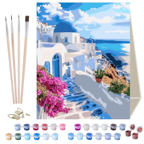 VYYTYYA Malen nach Zahlen Erwachsene, DIY 40x50cm Leinwand Ölmalerei-Set für Anfänger mit 4 Pinseln, Acrylfarbe, Malen nach Zahlen Set ohne Rahmen (Santorini-Stil) von VYYTYYA